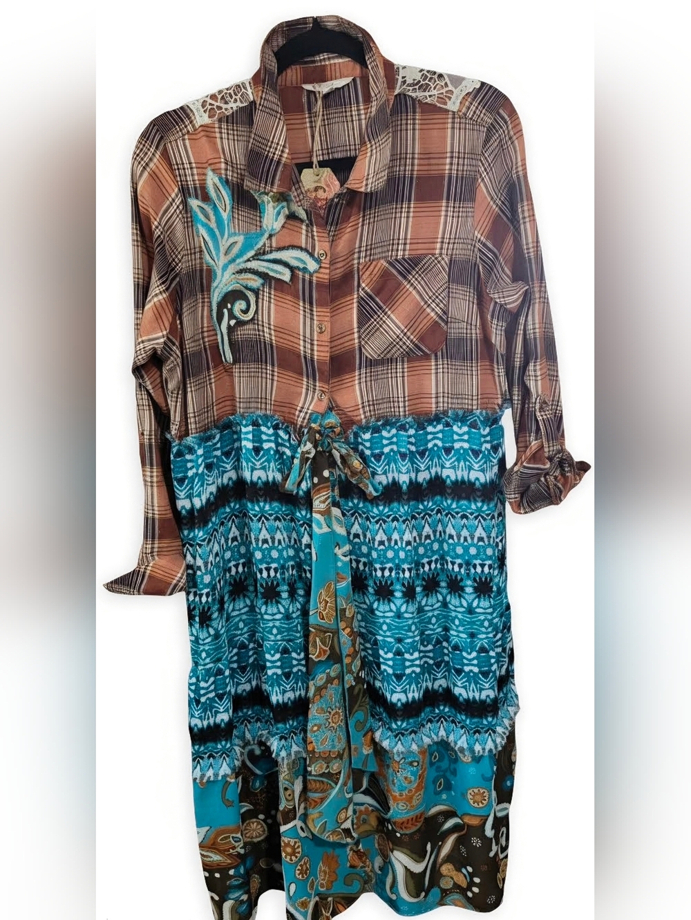 Up-cycled Plaid and Teal Mixed-Print Shacket with Embroidered Detail